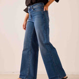 Medium blue wide-leg denim jeans with a relaxed fit and traditional five-pocket styling.