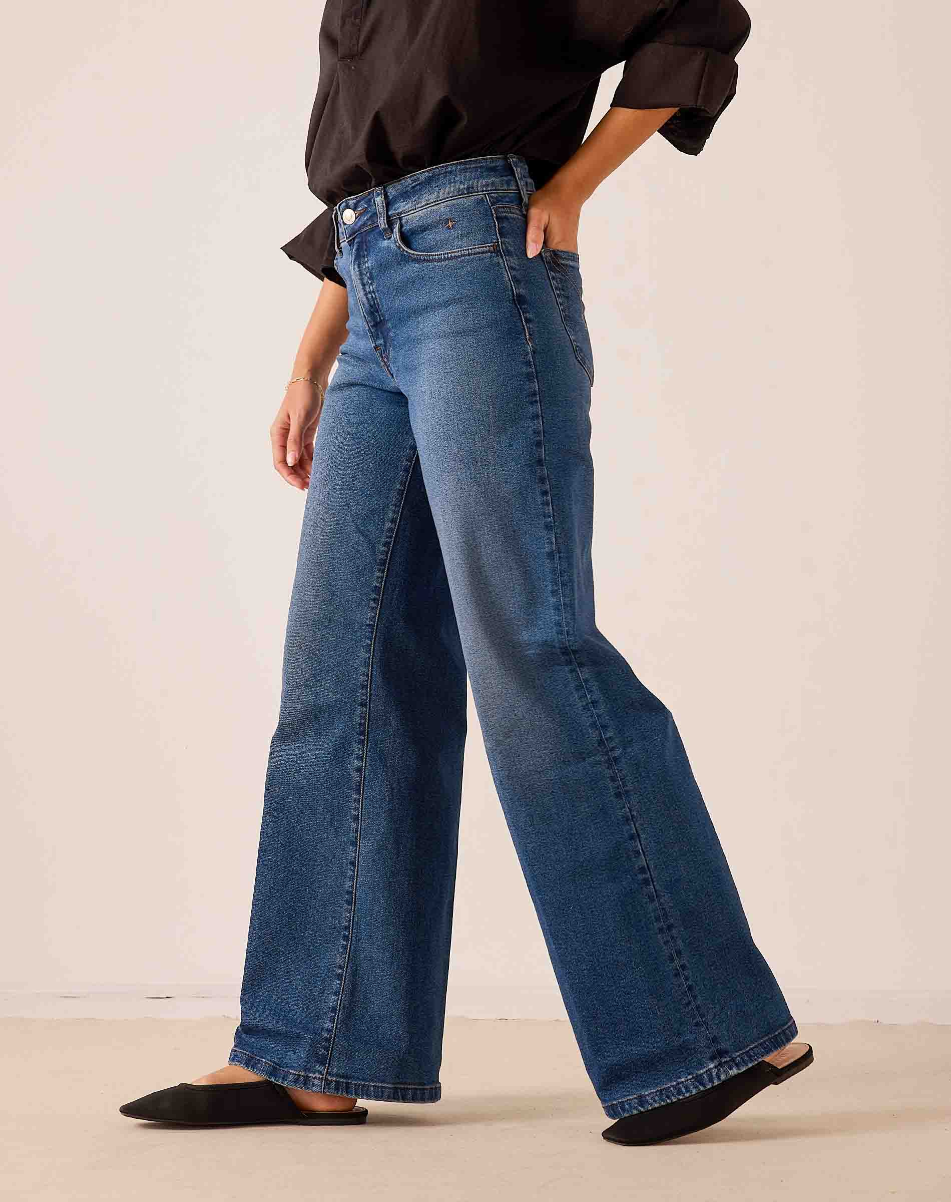 Medium blue wide-leg denim jeans with a relaxed fit and traditional five-pocket styling.
