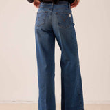 Baltic blue wide-leg denim-style jeans featuring a relaxed fit and classic stitching details.