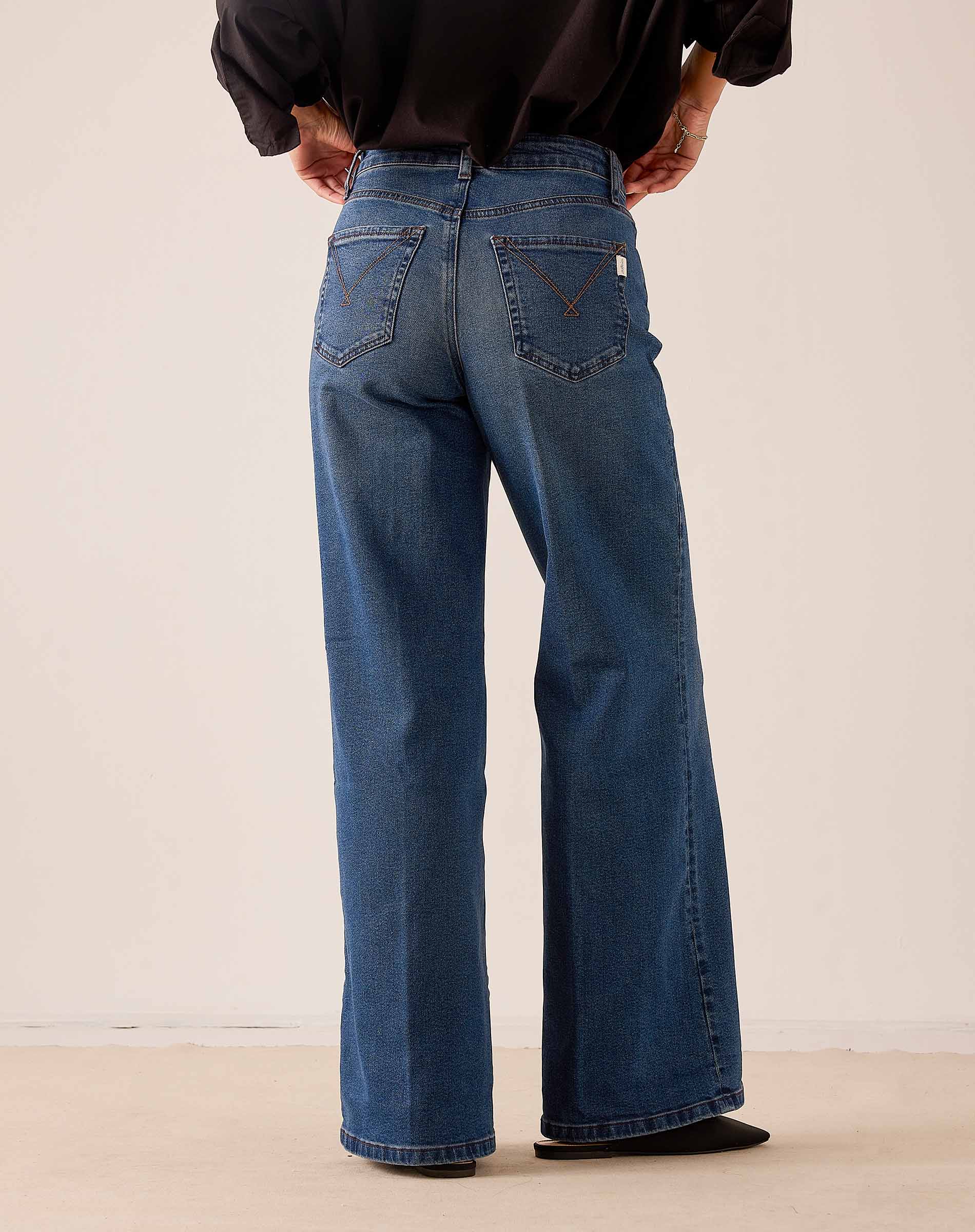 Baltic blue wide-leg denim-style jeans featuring a relaxed fit and classic stitching details.