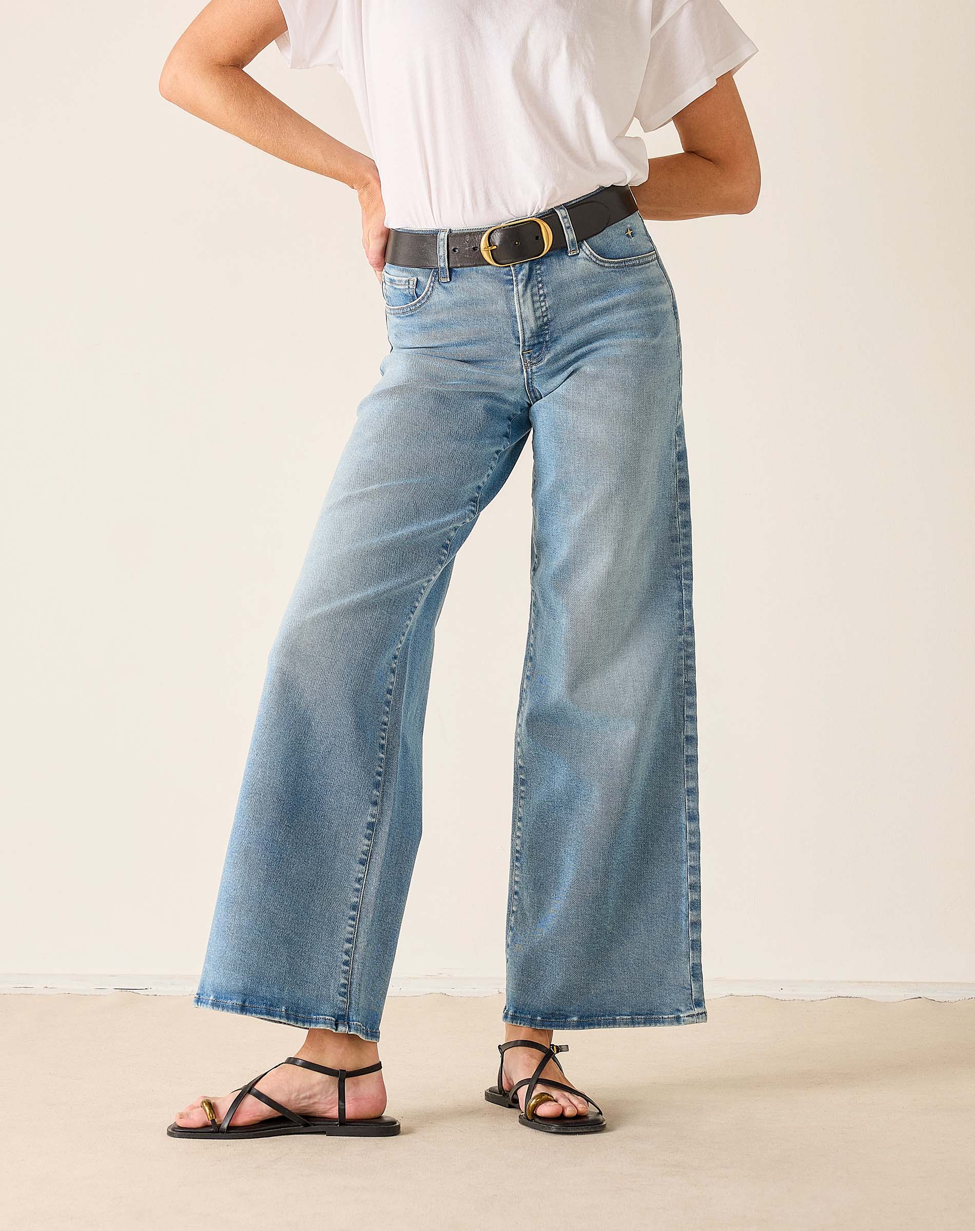 Person wearing light blue jeans and a white shirt on a plain background