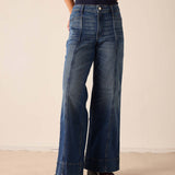 Deep Pacific blue wide-leg denim pants with high-waisted fit.