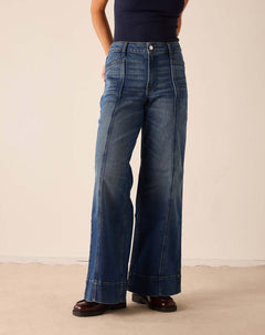 Deep Pacific blue wide-leg denim pants with high-waisted fit.