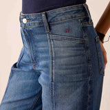 Deep pacific blue wide-leg denim jeans with stitching detail.