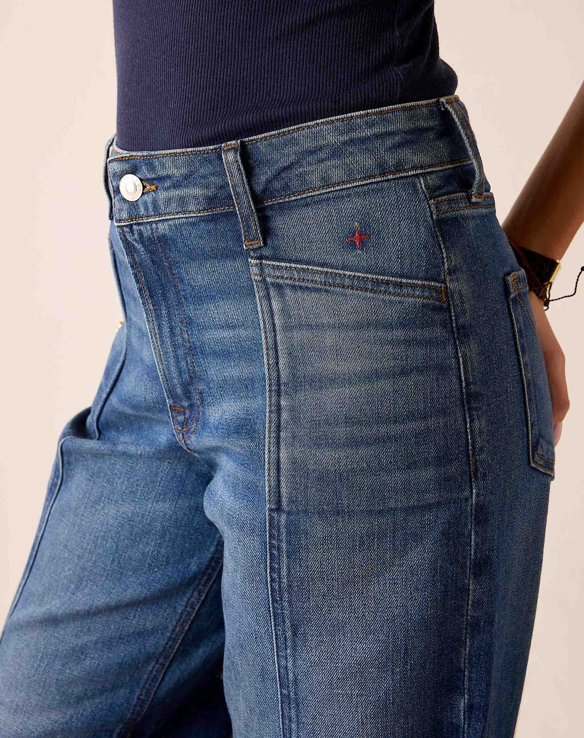 Deep pacific blue wide-leg denim jeans with stitching detail.