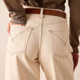 Oat color wide-leg pants in a heavy cotton twill with visible topstitching and back pockets.