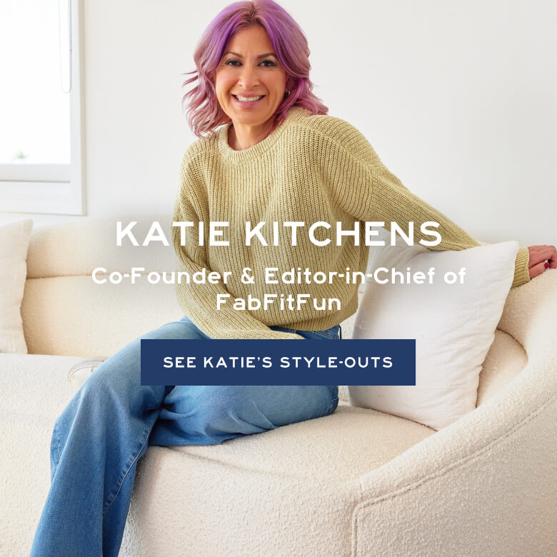 Katie Kitchens Co-Found & Editor-in-Chief of FabFitFun - cta button "See Katie's Style-Outs" overlayed 3 images of katie wearing travel jeans