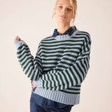 Ladies' travel-ready sky green striped cotton crewneck knit sweater with a layered navy blue shirt collar.