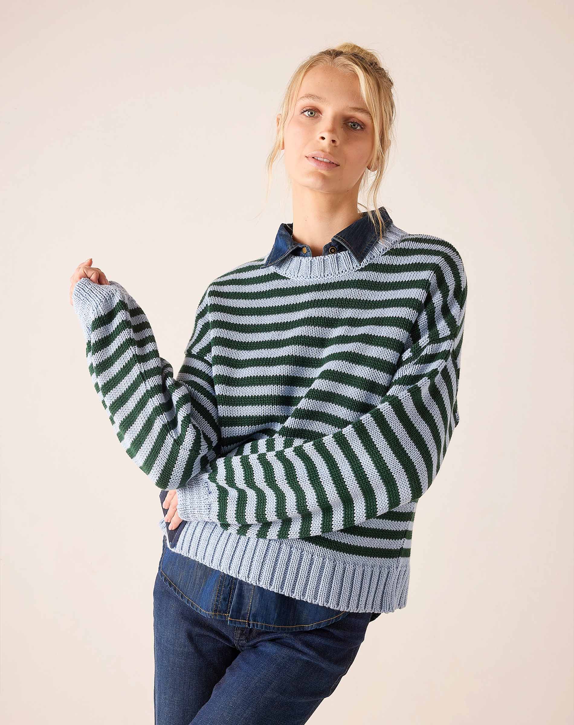 Ladies' travel-ready sky green striped cotton crewneck knit sweater with a layered navy blue shirt collar.