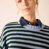 Sky green and navy blue striped cotton crewneck knit.