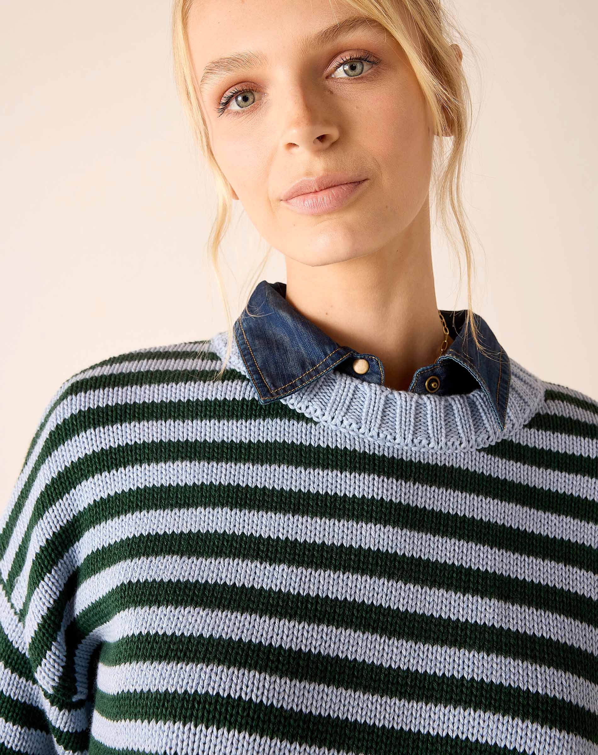 Sky green and navy blue striped cotton crewneck knit.