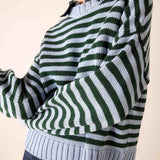 Sky green and cream striped crewneck cotton knit sweater.