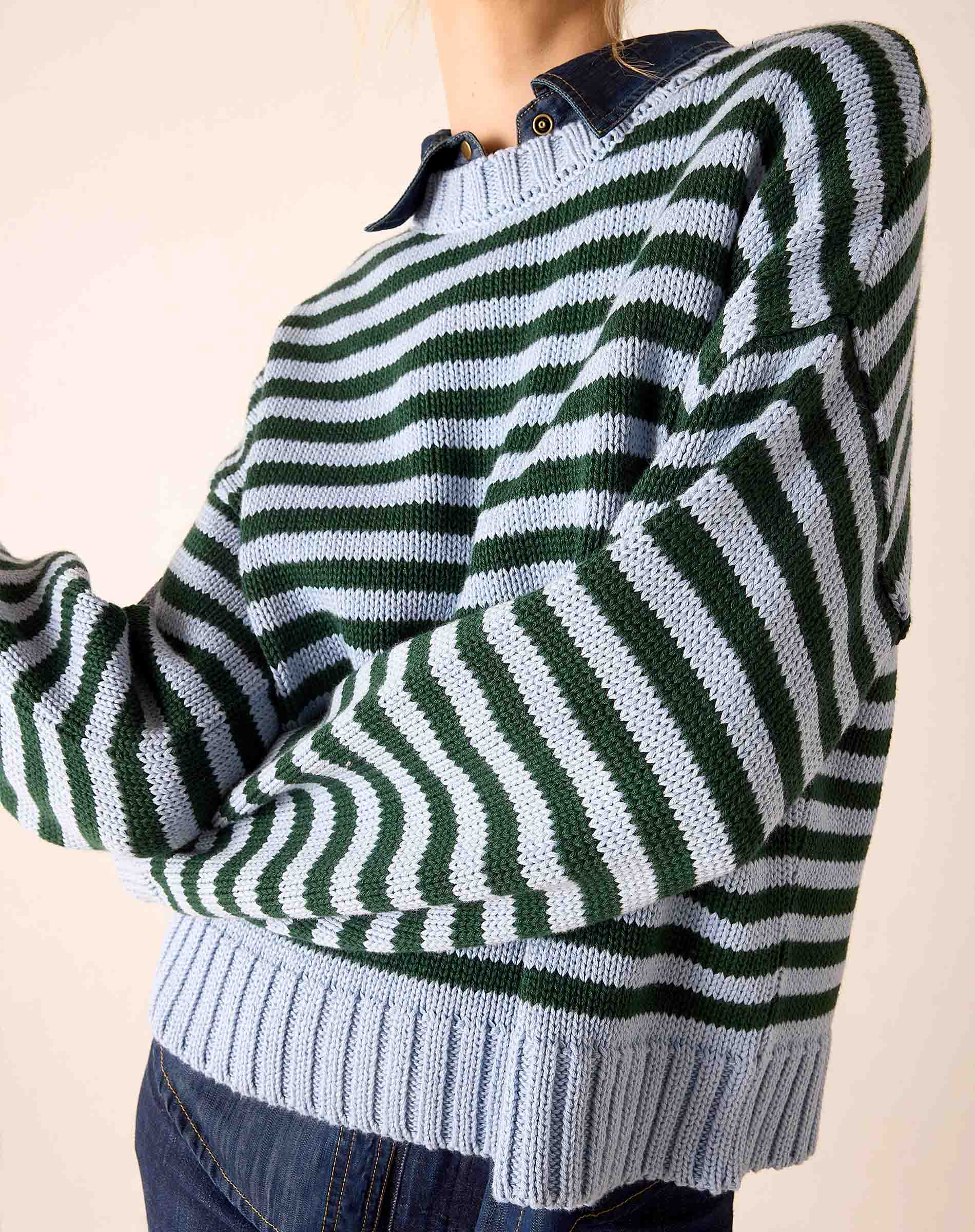 Sky green and cream striped crewneck cotton knit sweater.