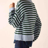 Sky green and white striped knit cotton crewneck sweater with ribbed cuffs and hem.
