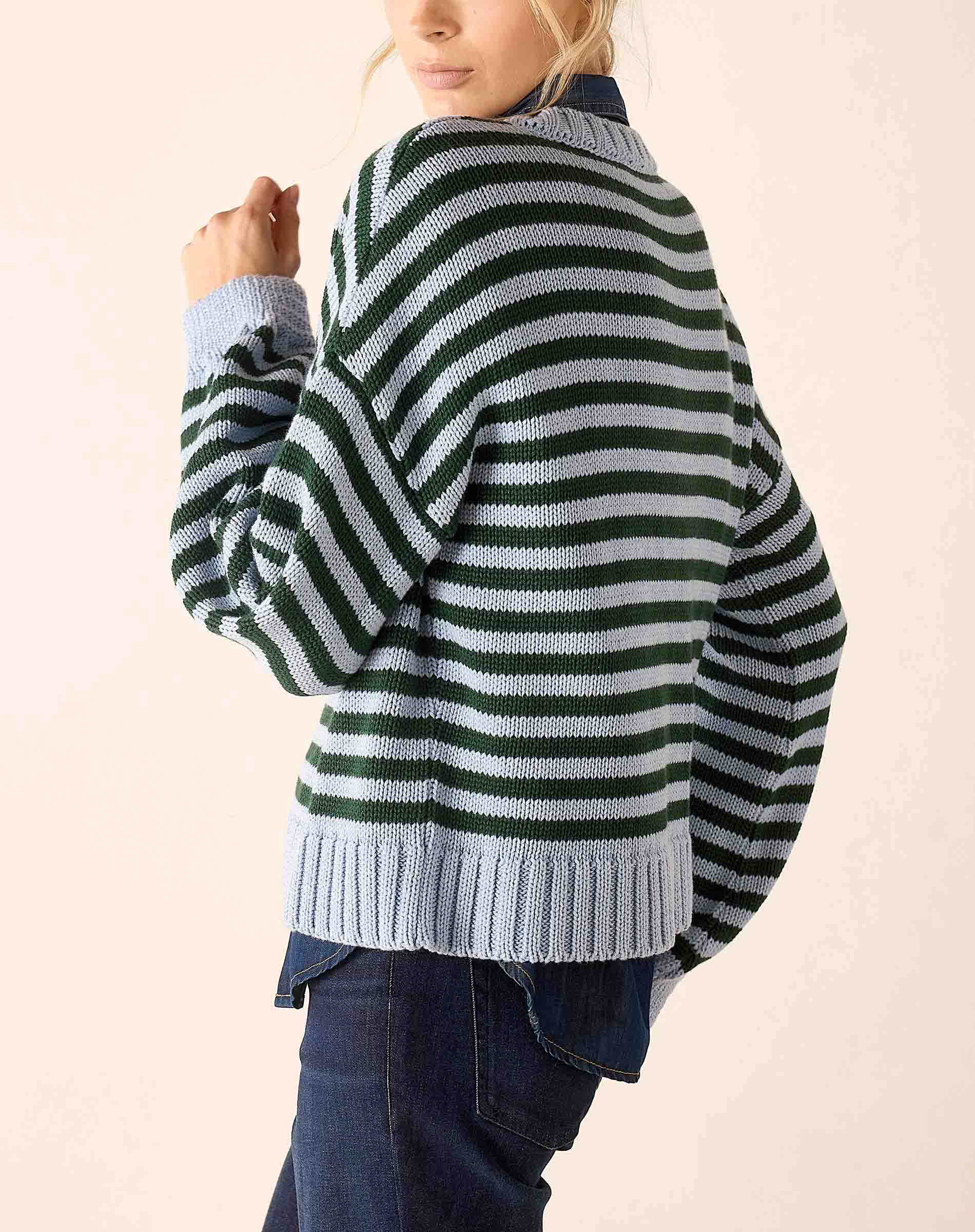 Sky green and white striped knit cotton crewneck sweater with ribbed cuffs and hem.