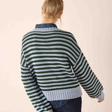 Sky green and white horizontal striped cotton crewneck sweater with a ribbed hem and collar.