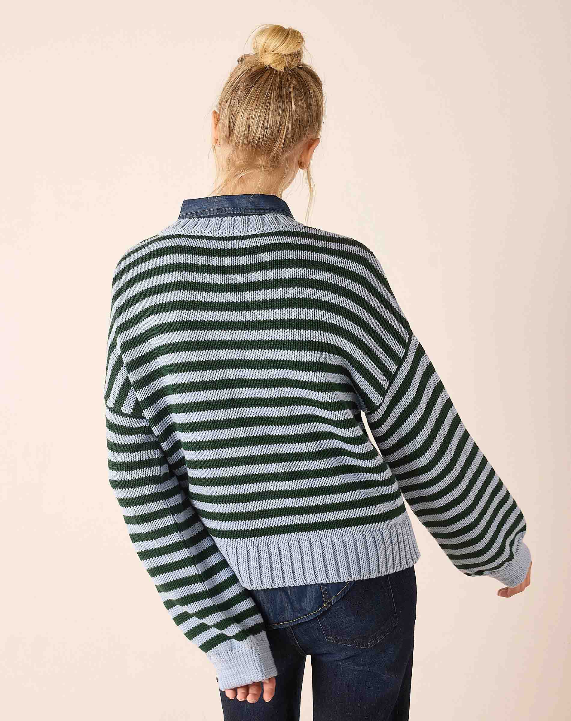 Sky green and white horizontal striped cotton crewneck sweater with a ribbed hem and collar.