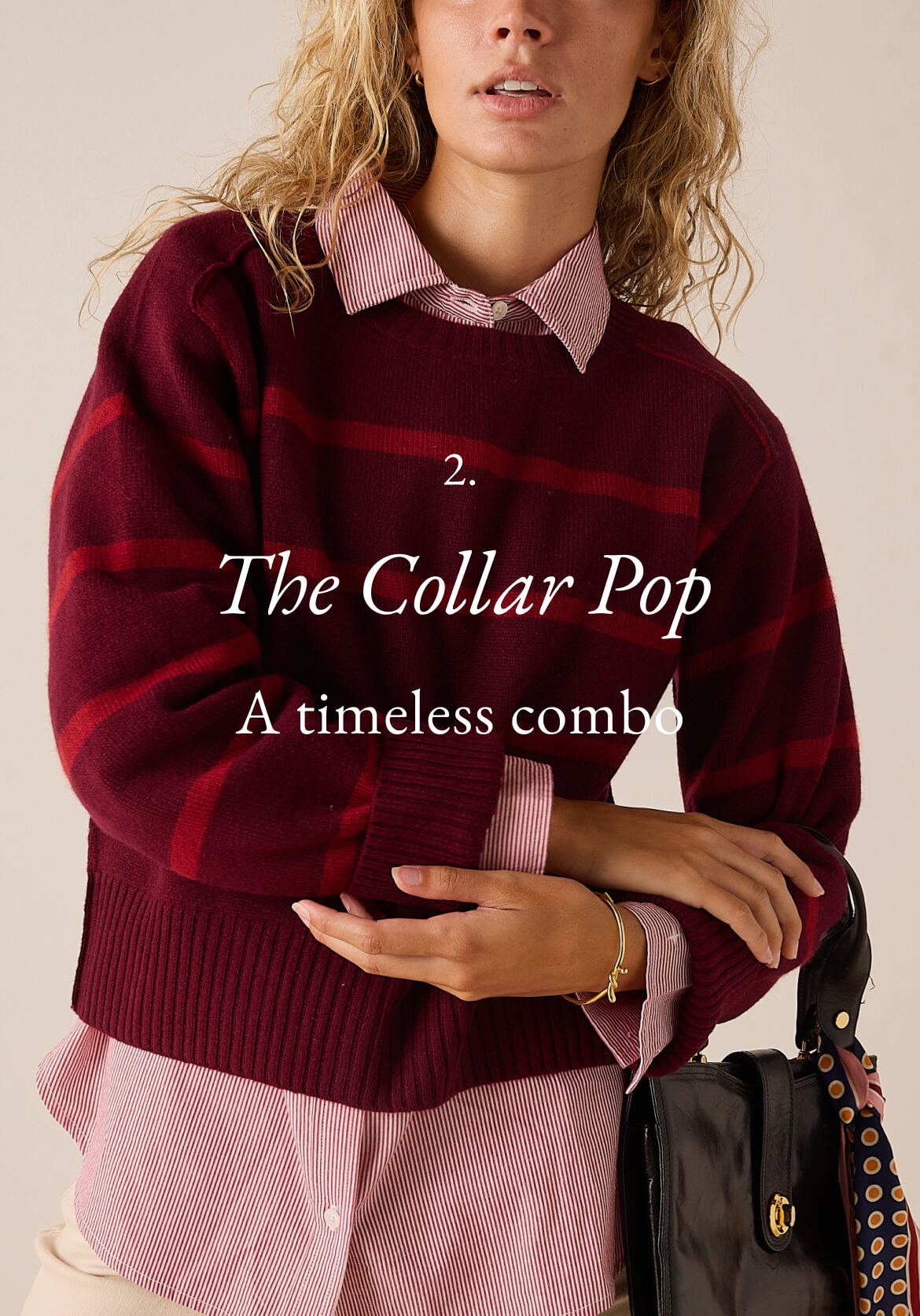 A woman wearing a burgundy plaid knit sweater over a pink striped button-down shirt. Text: '2. The Collar Pop A timeless combo'