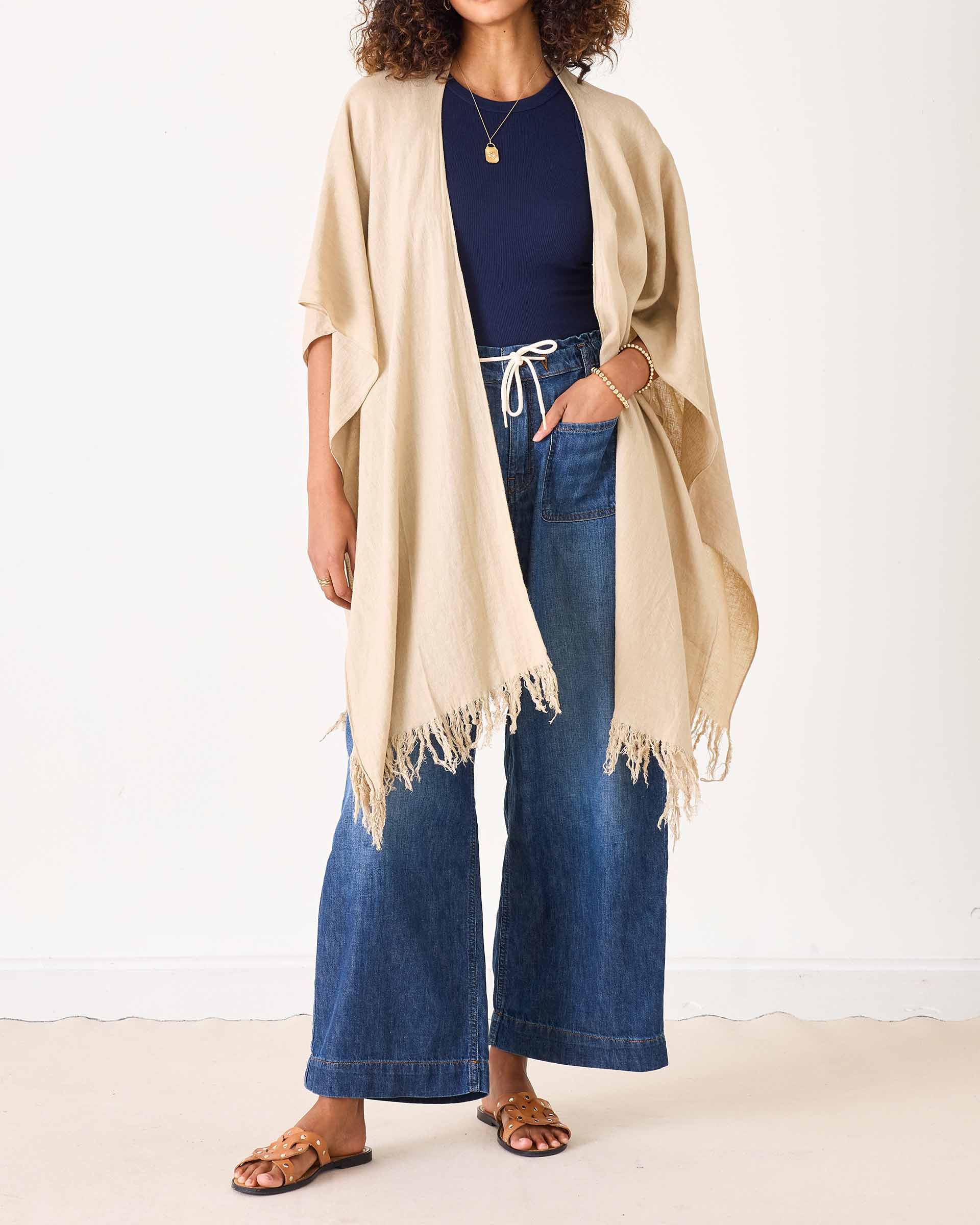 Tan Linen Beach Wrap Worn 3 Ways