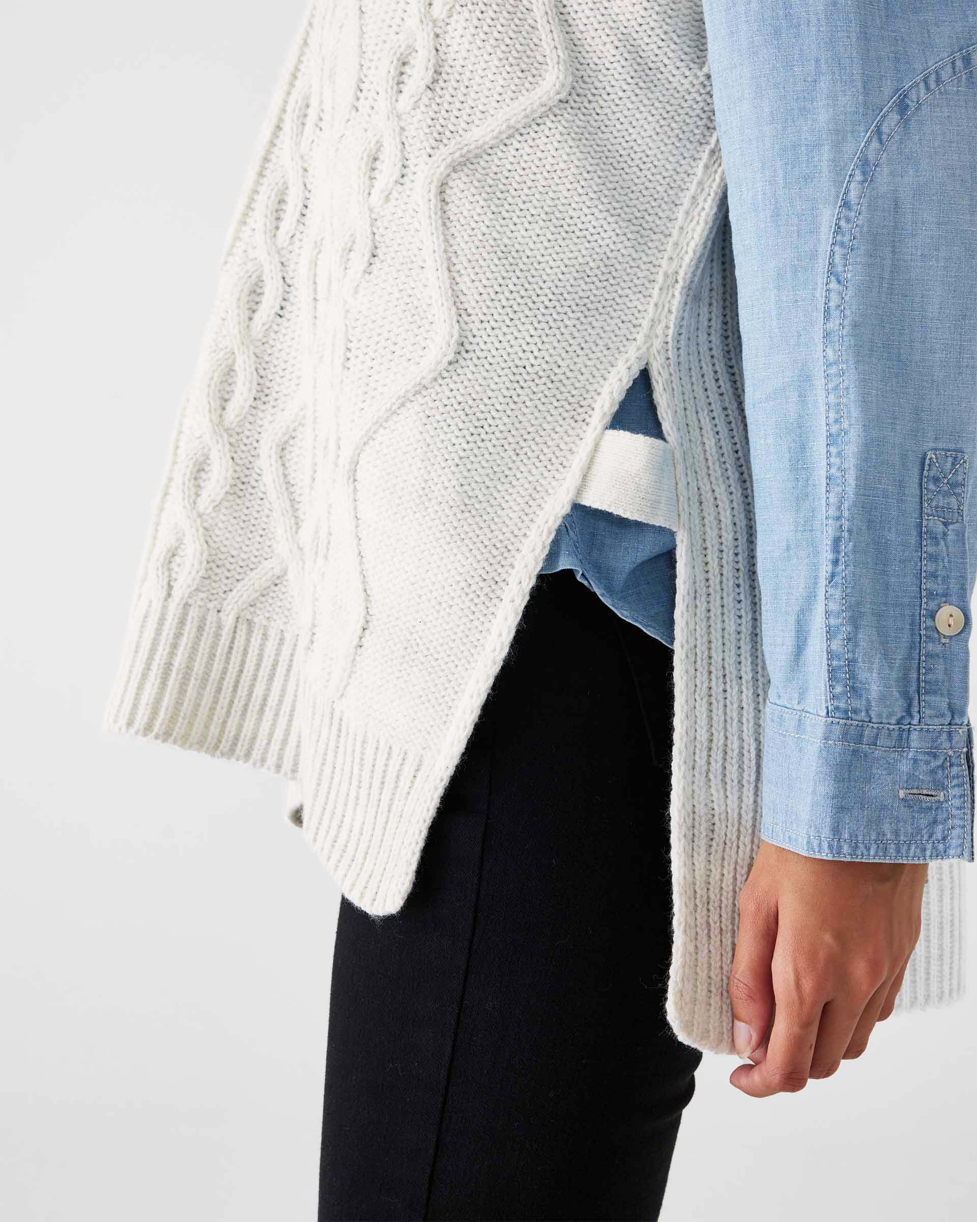 closeup sideview of woman wearing Mersea lisbon sea salt lattice sweater