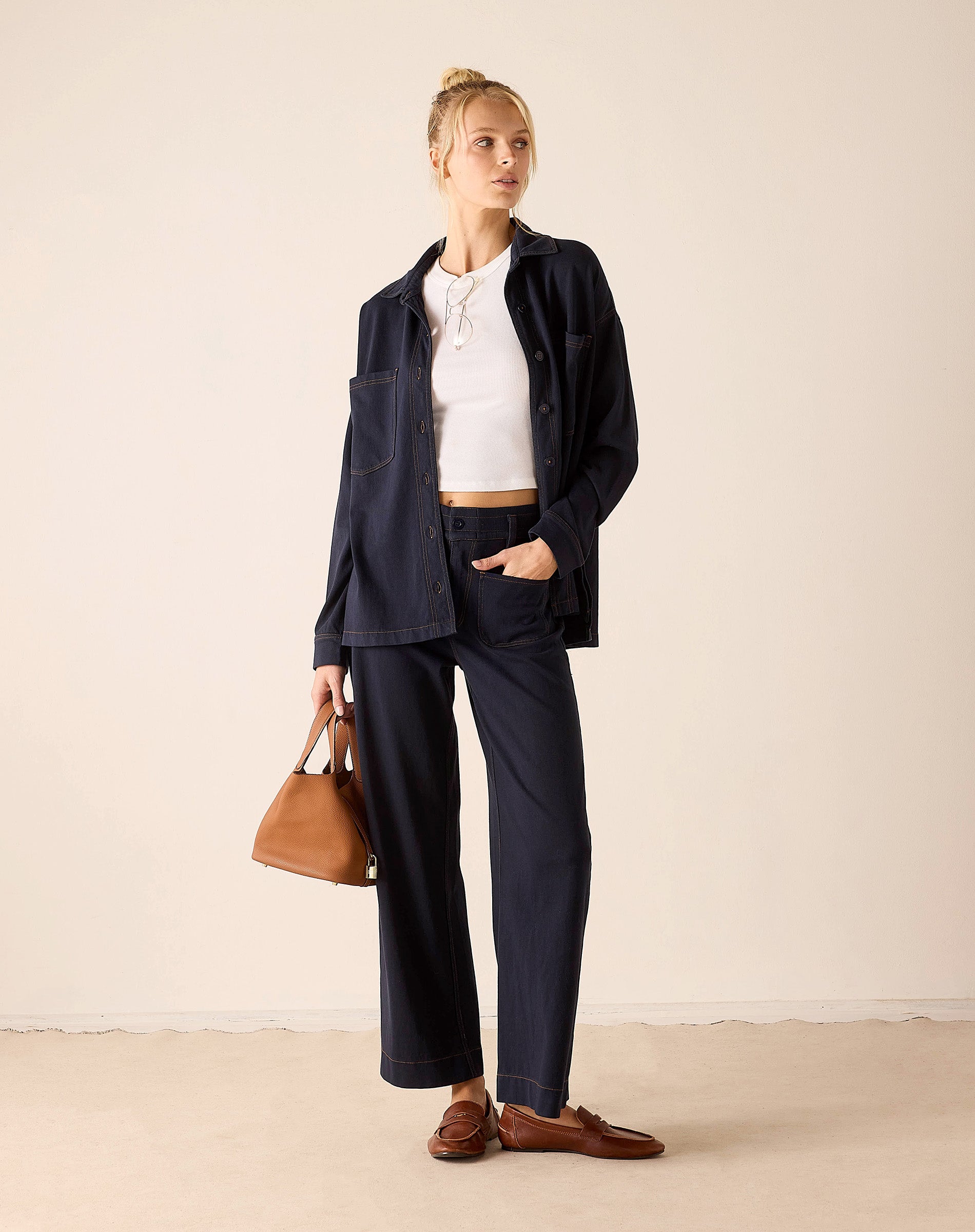 Women's travel-friendly navy heavy jersey wide-leg pants.