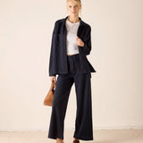 Navy heavy jersey wide-leg pants.