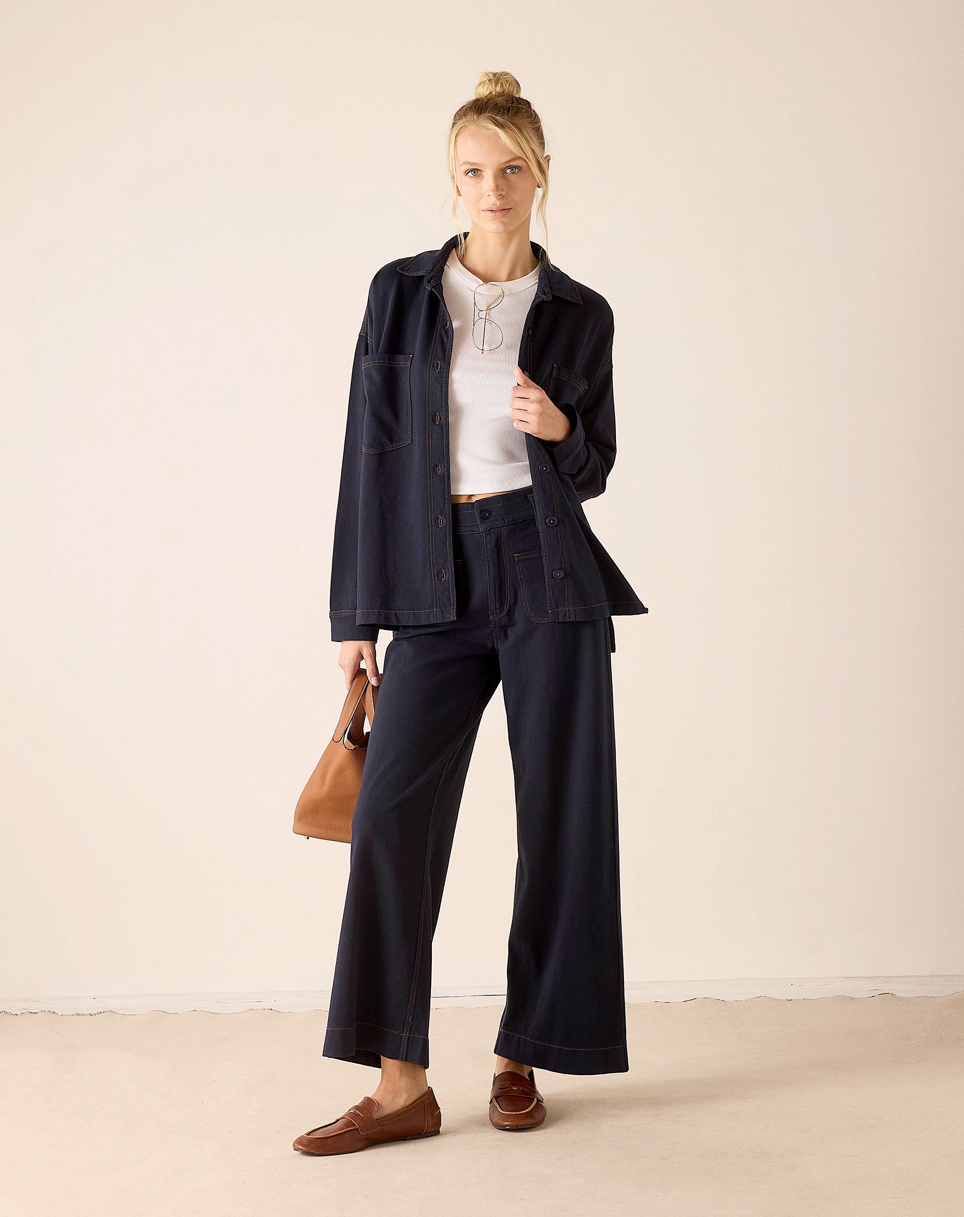 Navy heavy jersey wide-leg pants.