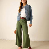MERSEA ladies' travel-ready ladies' travel-ready olivine twill wide-leg pants with high waist and long hem.