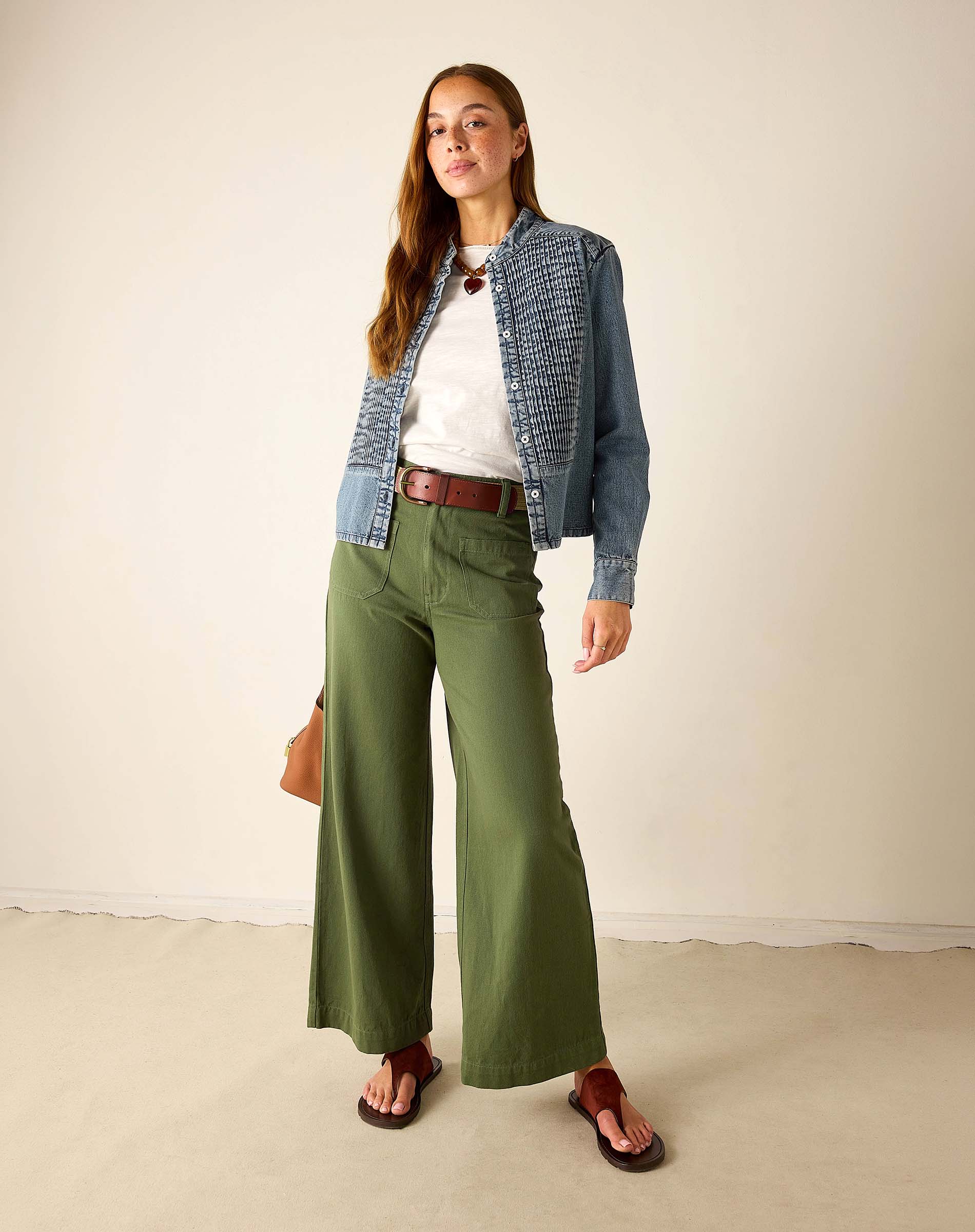 MERSEA ladies' travel-ready ladies' travel-ready olivine twill wide-leg pants with high waist and long hem.