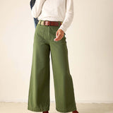 Olivine twill wide-leg pants with a high waist and front pockets.