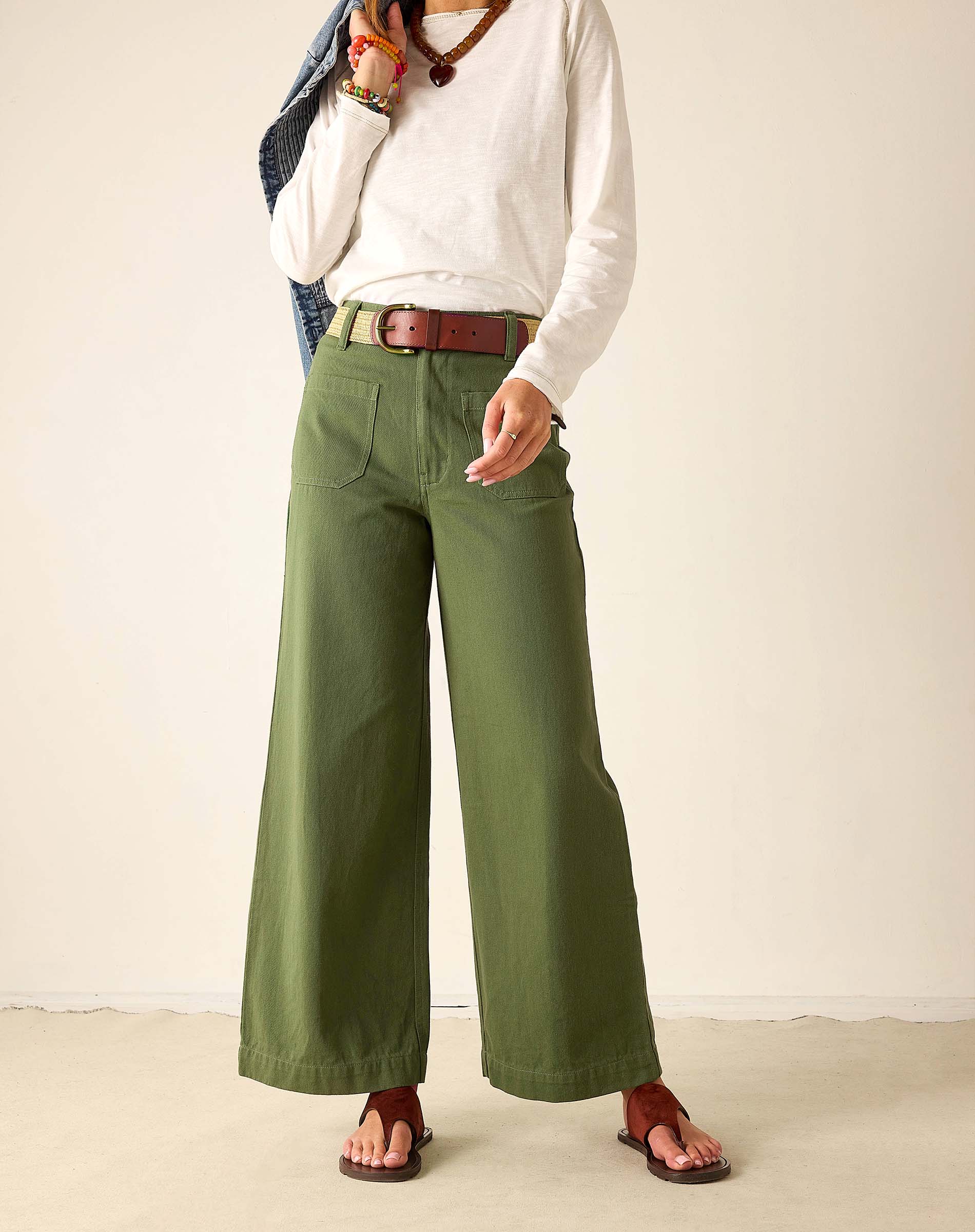 Olivine twill wide-leg pants with a high waist and front pockets.