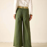 Olivine green twill wide-leg trousers with a high waist and flat front.