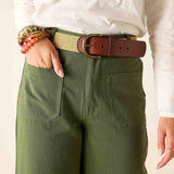 Olivine green twill trousers featuring a high-waisted fit and front pockets.