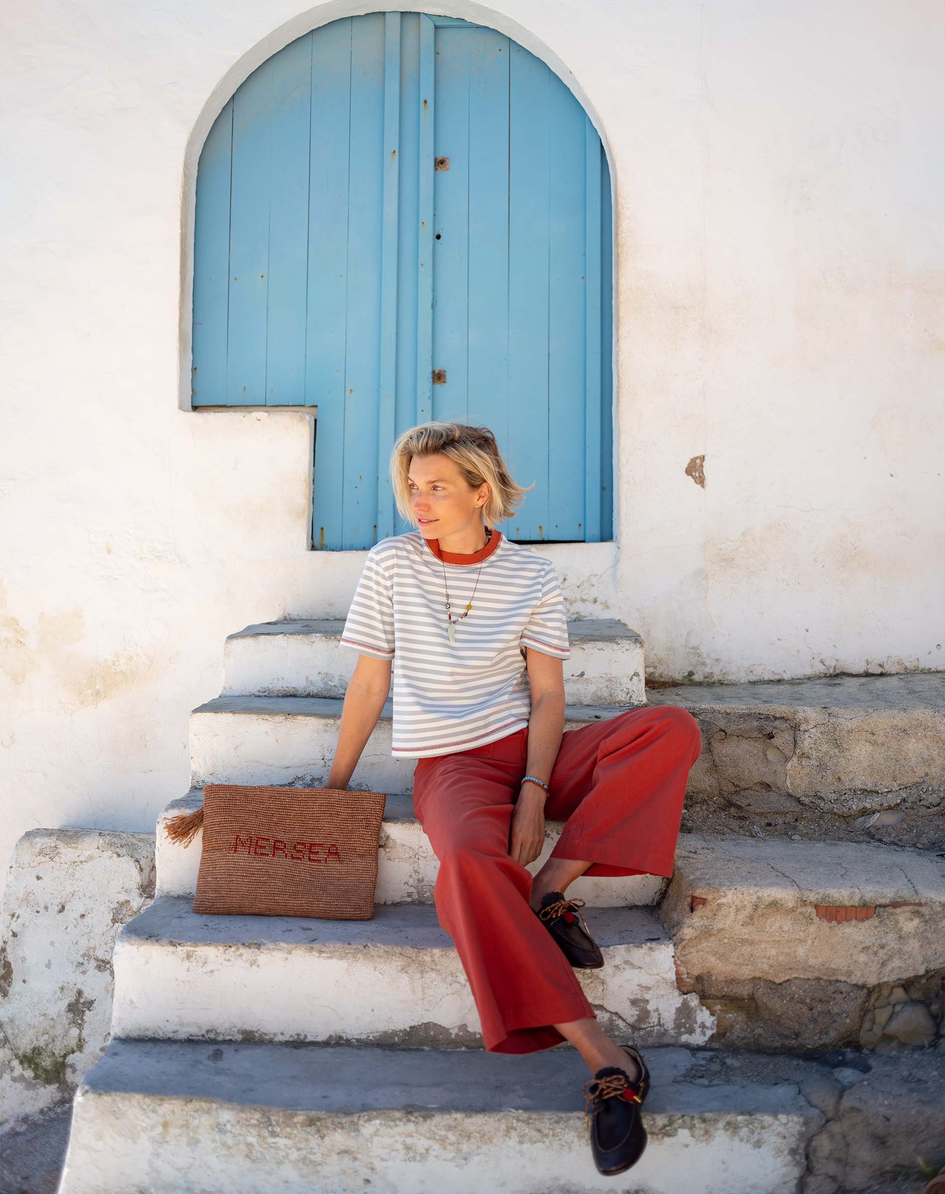 Twill pants in persimmon with a wide-leg fit.