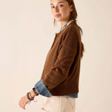 Cocoa brown chunky knit pullover sweater with a half-zip detail.