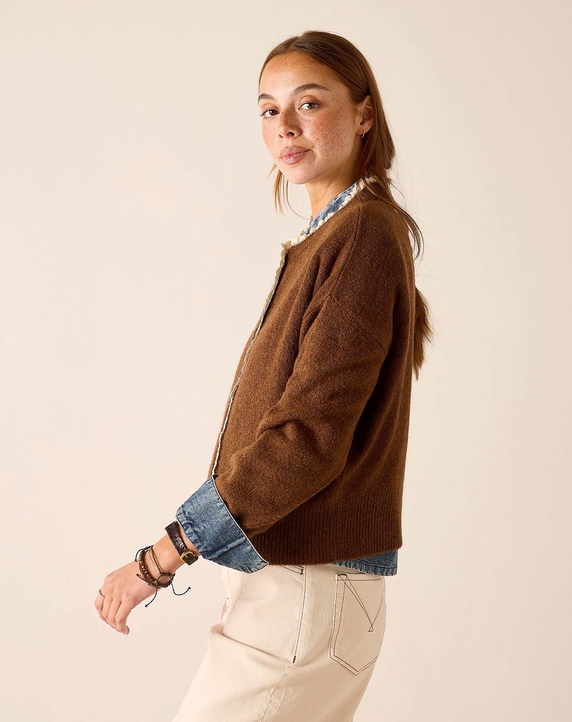 Cocoa brown chunky knit pullover sweater with a half-zip detail.