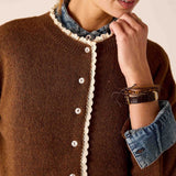 Cocoa brown knit sweater featuring a white lace trim along the buttoned front and neckline.