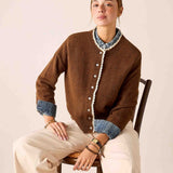 Cocoa brown knit cardigan with eyelet lace trim and striped button details
