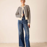 Ladies' travel-ready navy and cream sailor stripe knit cardigan with a buttoned front.