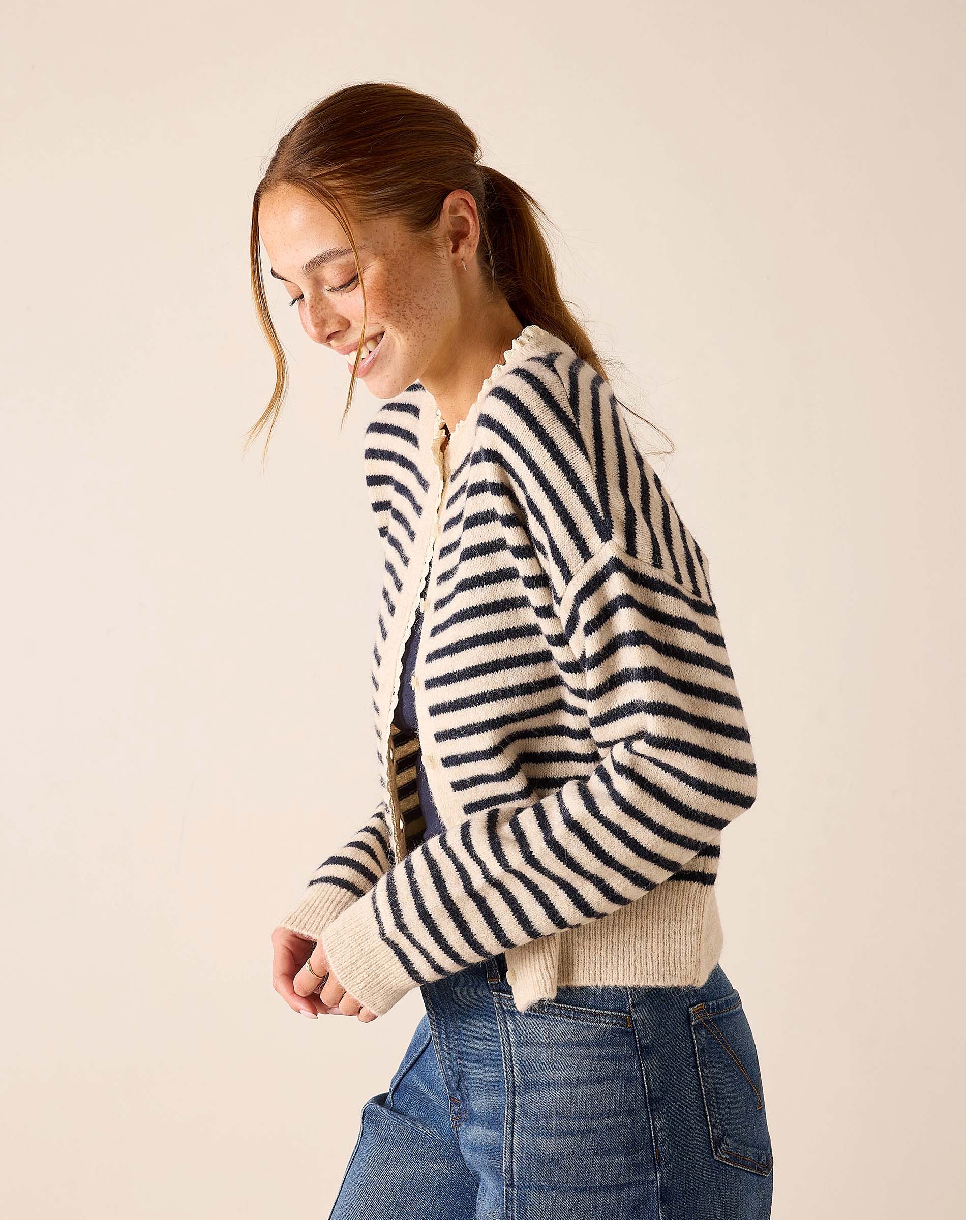 Navy and cream sailor stripe knit cardigan