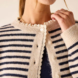Sailor stripe knit sweater with scalloped lace trim and button front.