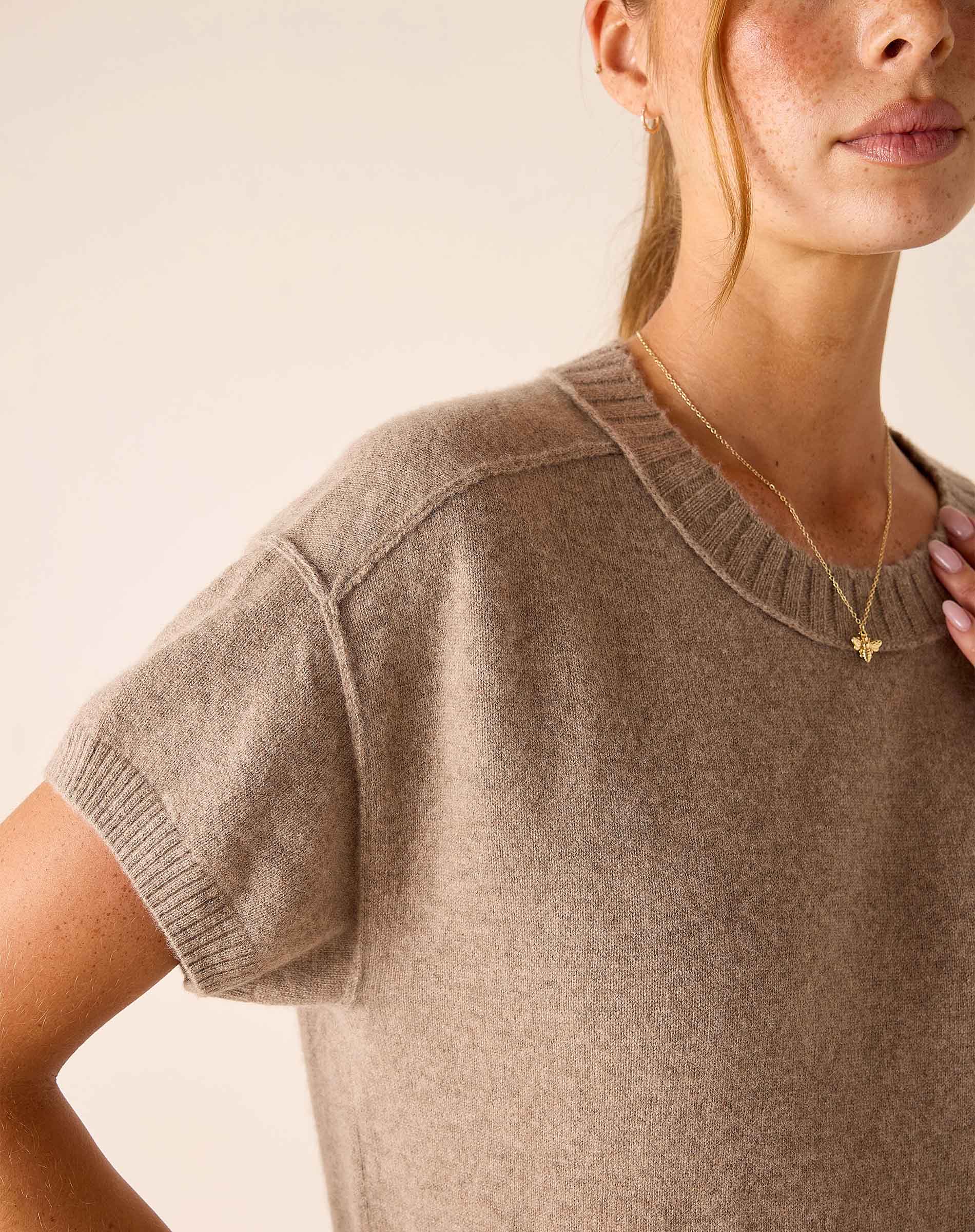 Model wearing a beige short-sleeved cashmere crewneck knit top.