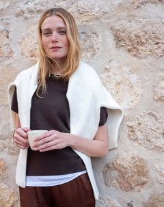 Truffle color crewneck cashmere sweater with a soft knit feel.