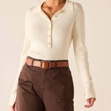 Crème ribbed long sleeve polo shirt.
