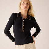 Women's travel-friendly ink black ribbed knit long sleeve polo with a contrast trimmed collar and button placket