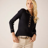 Ink black ribbed knit long sleeve polo with buttoned placket and contrast piping.