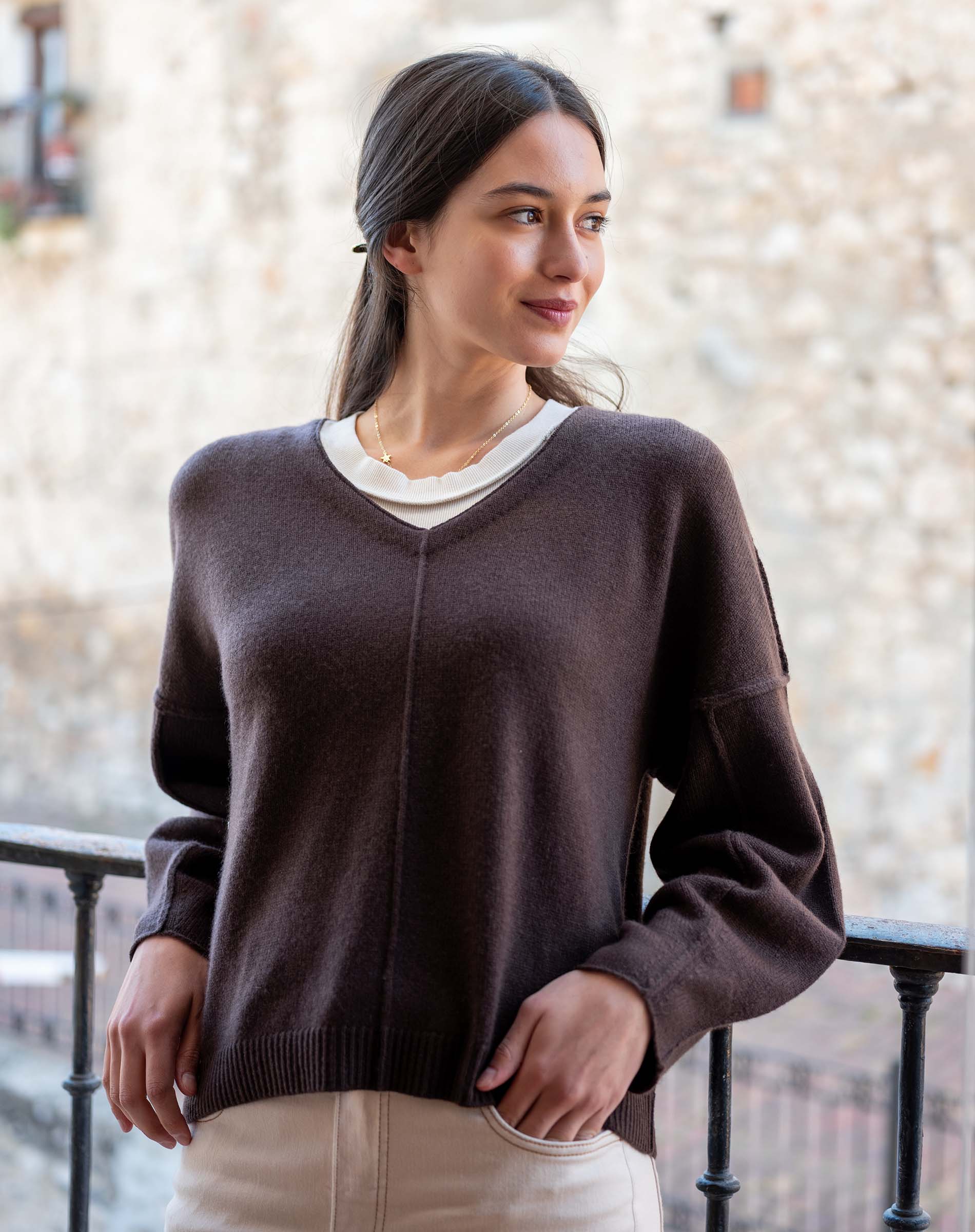 Women's travel-friendly truffle brown v-neck sweater with relaxed fit and soft knit texture