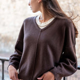Truffle brown v-neck knit sweater with ribbed hem and cuffs.