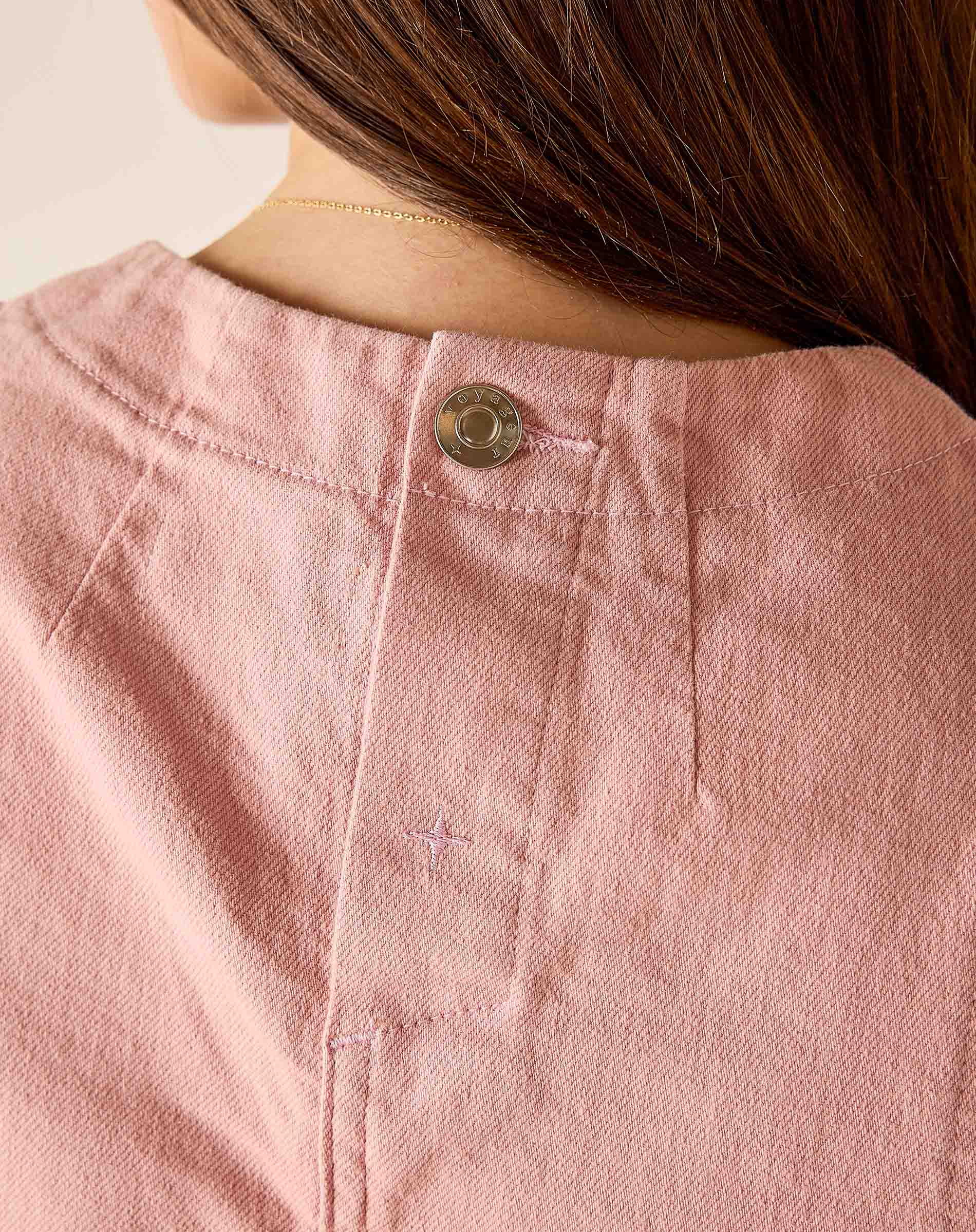 Close-up of a pink garment with a button, focusing on texture and color.