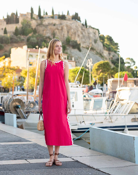Mersea Women's Luna Ric Rac Maxi Poplin Dress in Cherries Jubilee
